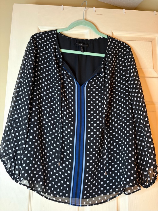 White House Black Market Tops - White House Black Market Black Polka Dot V-Neck Blouse with Blue Stripe